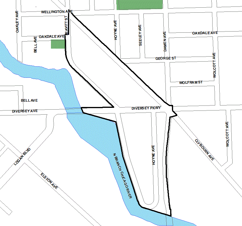 Diversey/Chicago River (Lathrop Homes) TIF district, roughly bounded on the north by Wellington Avenue, Diversey Parkway on the south, Damen and Clybourn avenues on the east, and Leavitt Street and the Chicago River on the west.